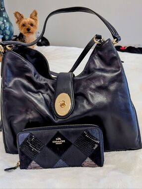 ​Coach Navy Blue Leather Hobo Bag & Matching Patchwork Zip Wallet Set - CB